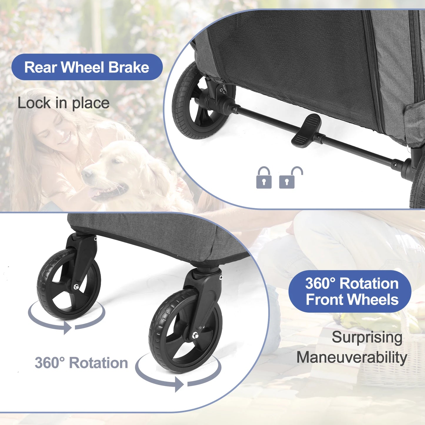 Pet Stroller Universal Wheel Ventilated Oxford Fabric for Medium Size Dogs Two Front Wheels Rotate 360° , Safety