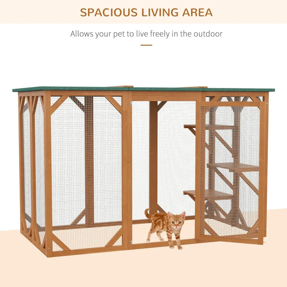 Outdoor Cat House, Catio Wooden Feral Cat Shelter, Cats Cage with Platforms, Large Enter Door, Wooden Cat Cage Condo
