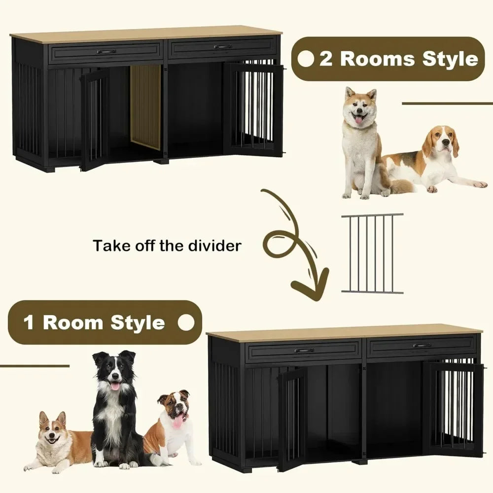 Dog Kennel Furniture, 64.6 Inch Heavy Duty Wooden Large Furniture Style Dog Crate with Drawers & Divider, Indoor Dog House