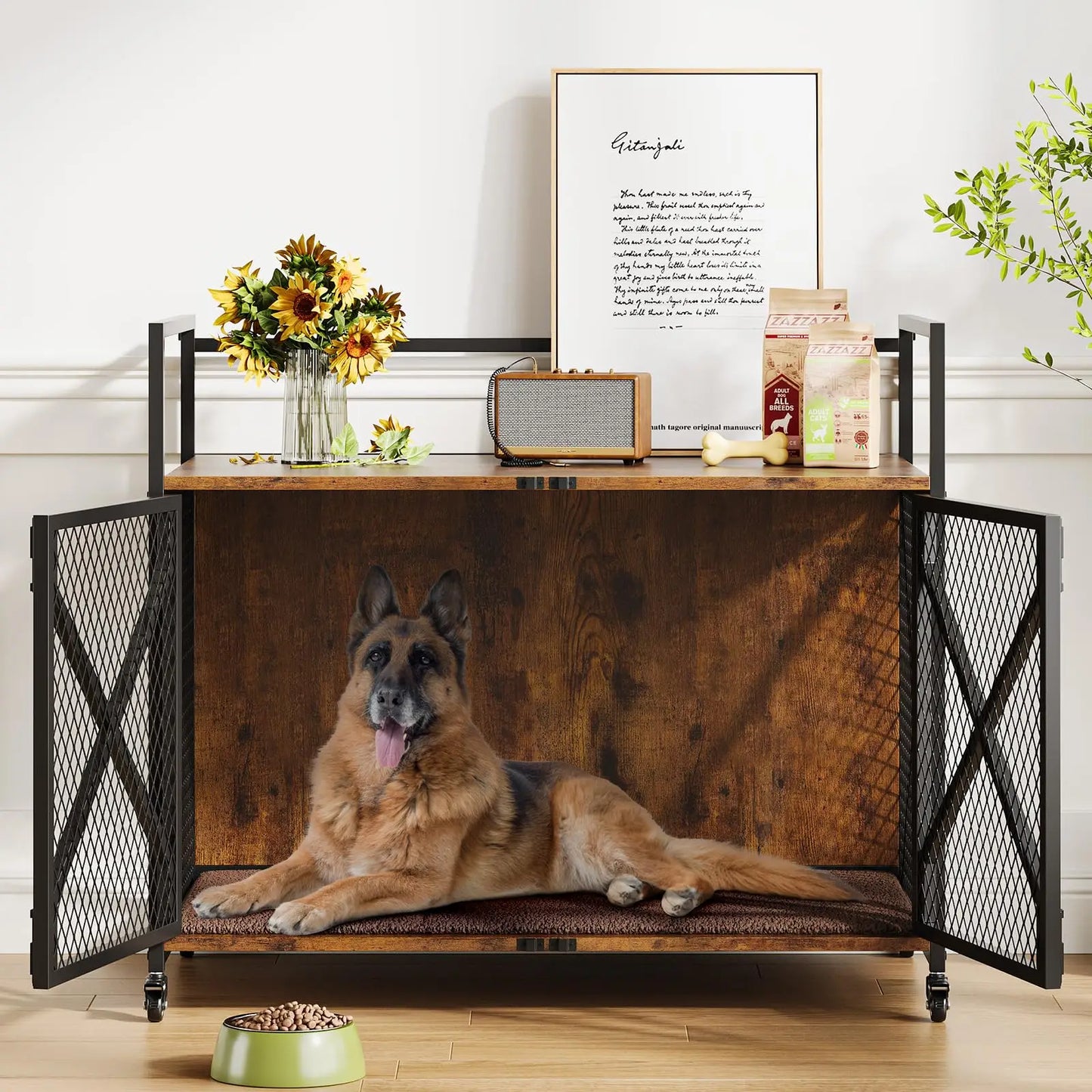 31/41Inch Dog Crate,Farmhouse Dog Kennnel Furniture with 360° Wheels,4 Latches,Large Heavy Duty Dog Cage End Table for Living Ro