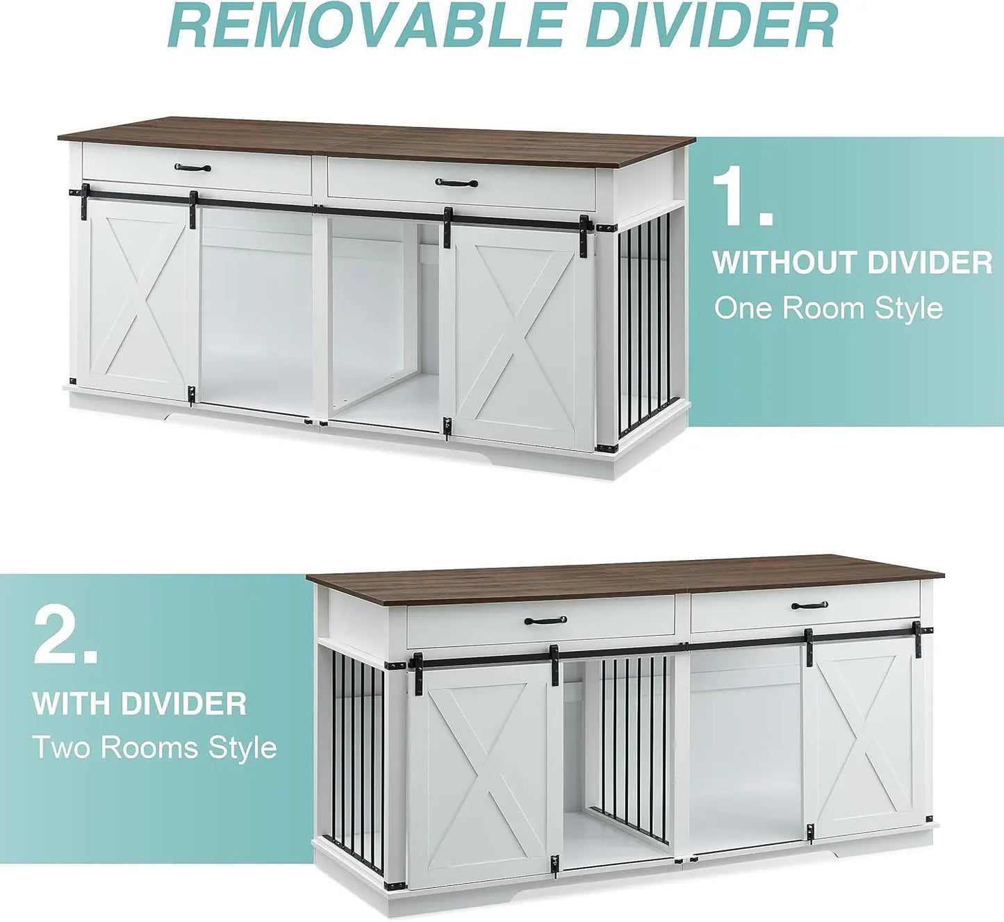 72.5" Large Dog Crate Furniture for 2 Dogs, Wooden Dog Kennel with Drawers, Sliding Barn Door, Style Double Dog Crates, White
