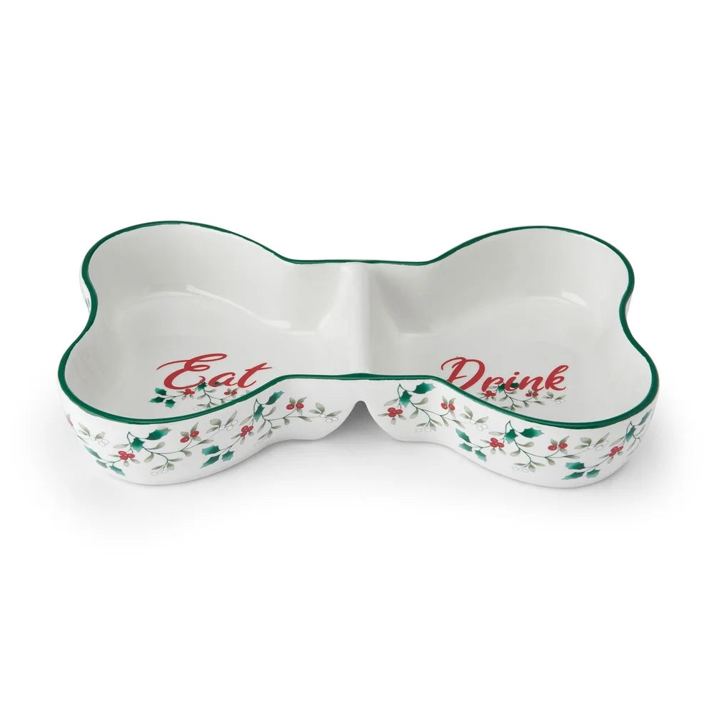 Winterberry Dolomite Divided Pet Bowl Festive Bone Design Dogs Eat Drink Compartments Durable Gift Box Easy Care 14oz Capacity