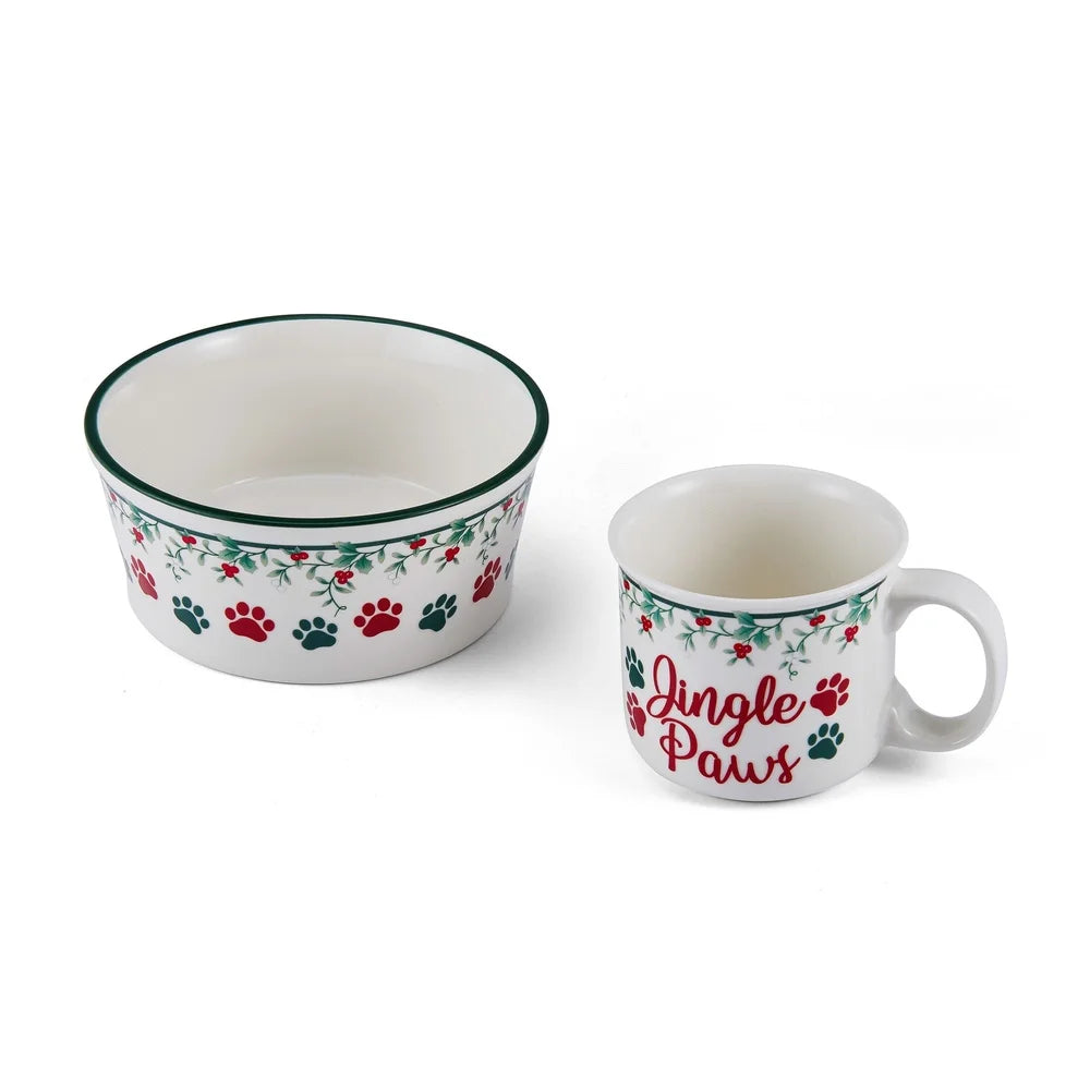 Winterberry Porcelain Mug and Pet Bowl Set 18oz Dogs Jingle Paws Accents Dishwasher Microwave Safe 2-Piece Holiday Gift