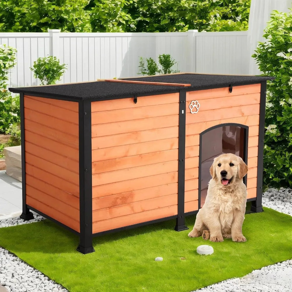 Outdoor Dog House, 55” Extra Large Wooden Dog House with Anti Bite Iron Frame Weatherproof Finish Outside Paw Print Dog House fo