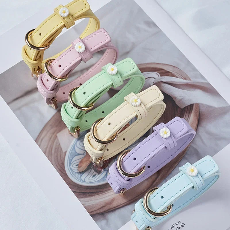 PU Leather Dog Collar with Daisy Decoration Comfortable Pet Collar For Small Dogs Cat Collar Pet Supplies