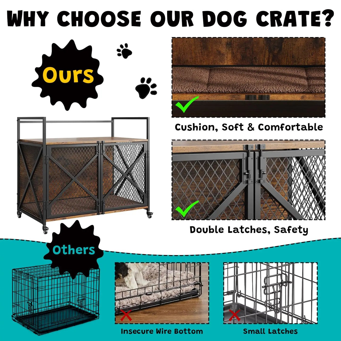 31/41Inch Dog Crate,Farmhouse Dog Kennnel Furniture with 360° Wheels,4 Latches,Large Heavy Duty Dog Cage End Table for Living Ro