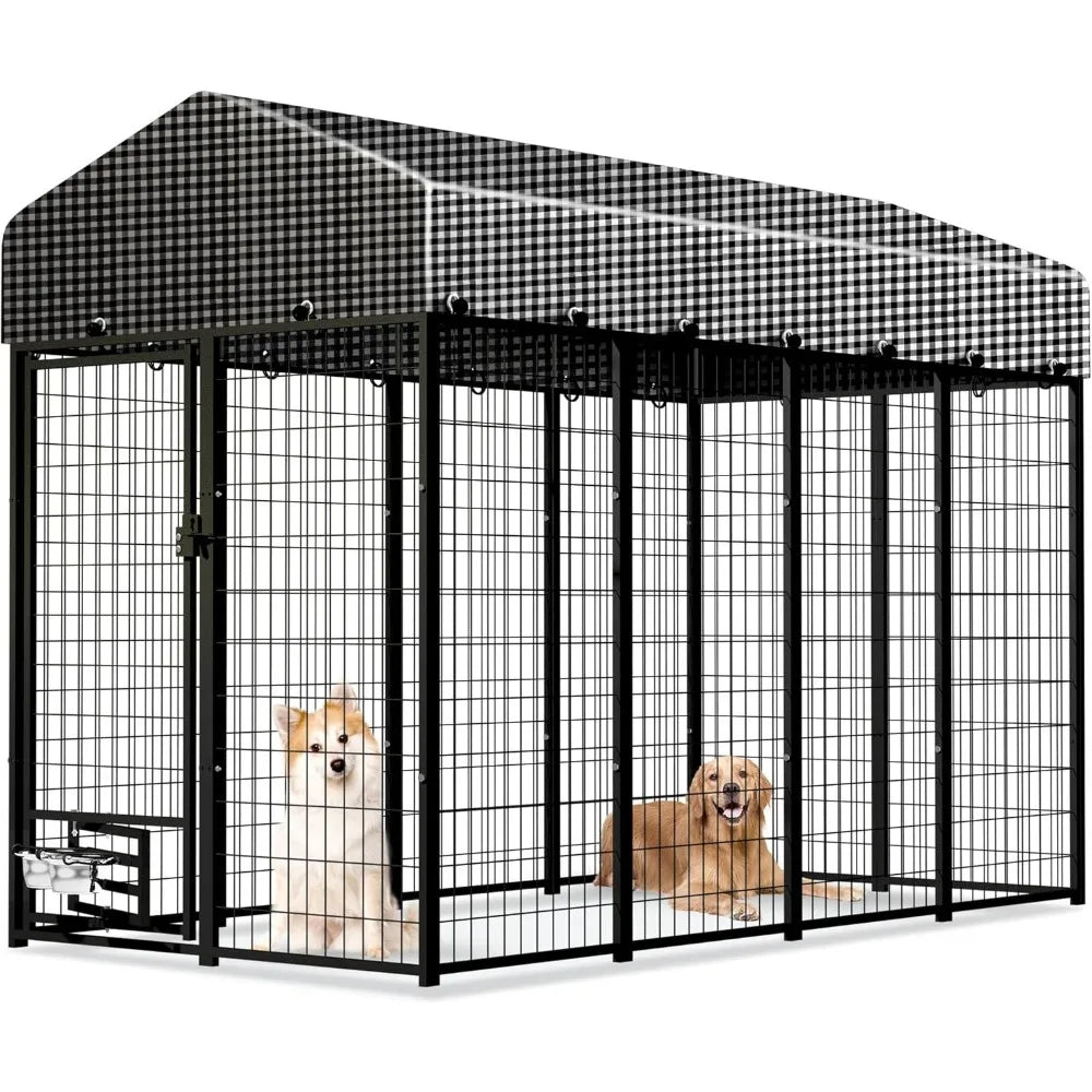 8x4x6 FT Large Outdoor Dog Kennel, Expandable Modular Dog Kennel Outside with Rotate Feeding Door, Heavy Duty Welded Wire Steel