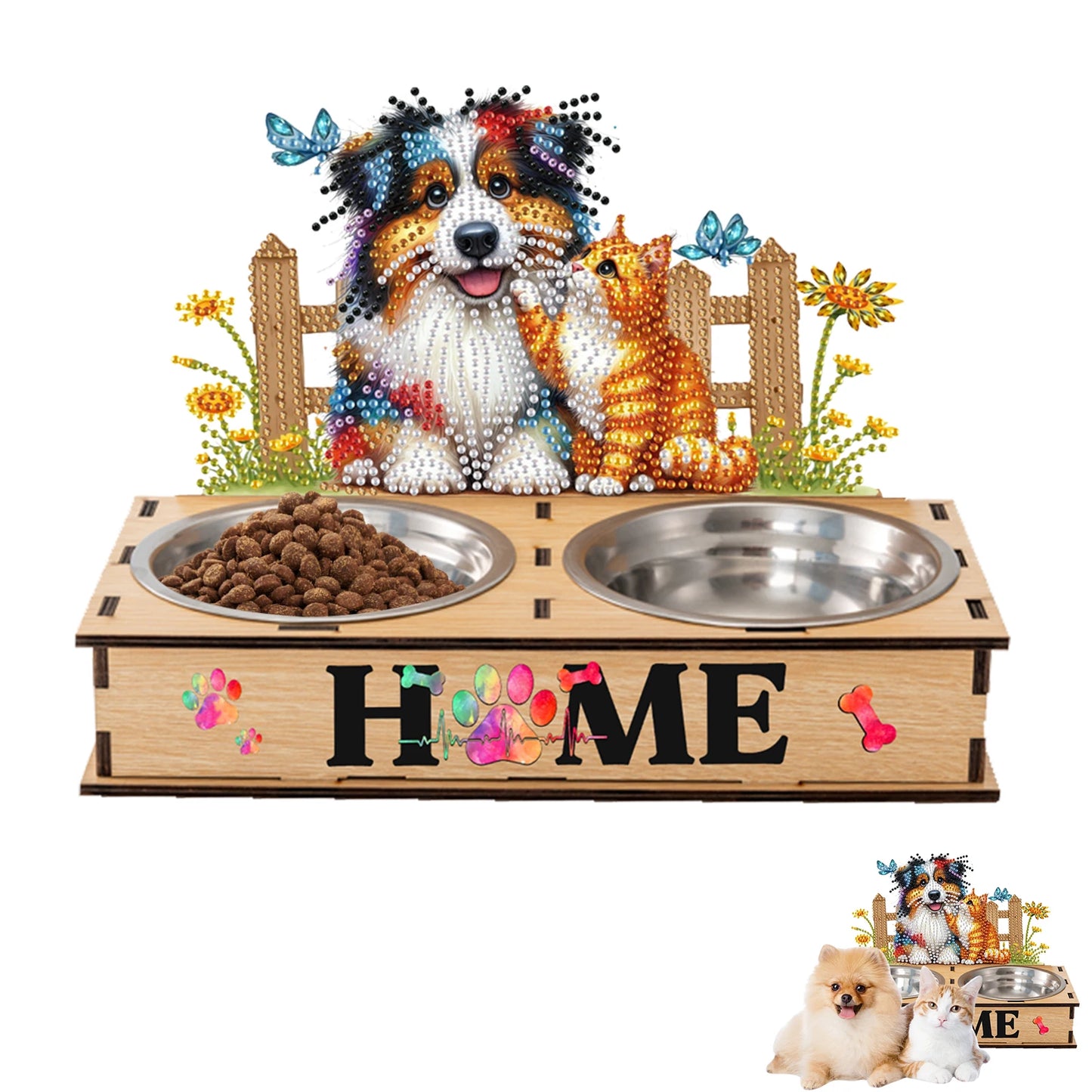 5D DIY Diamond Painting Water Feeder Diamond Painting Pet Feeder Making Kit Rhinestones Stainless Steel Pet Bowl for Cats Dogs