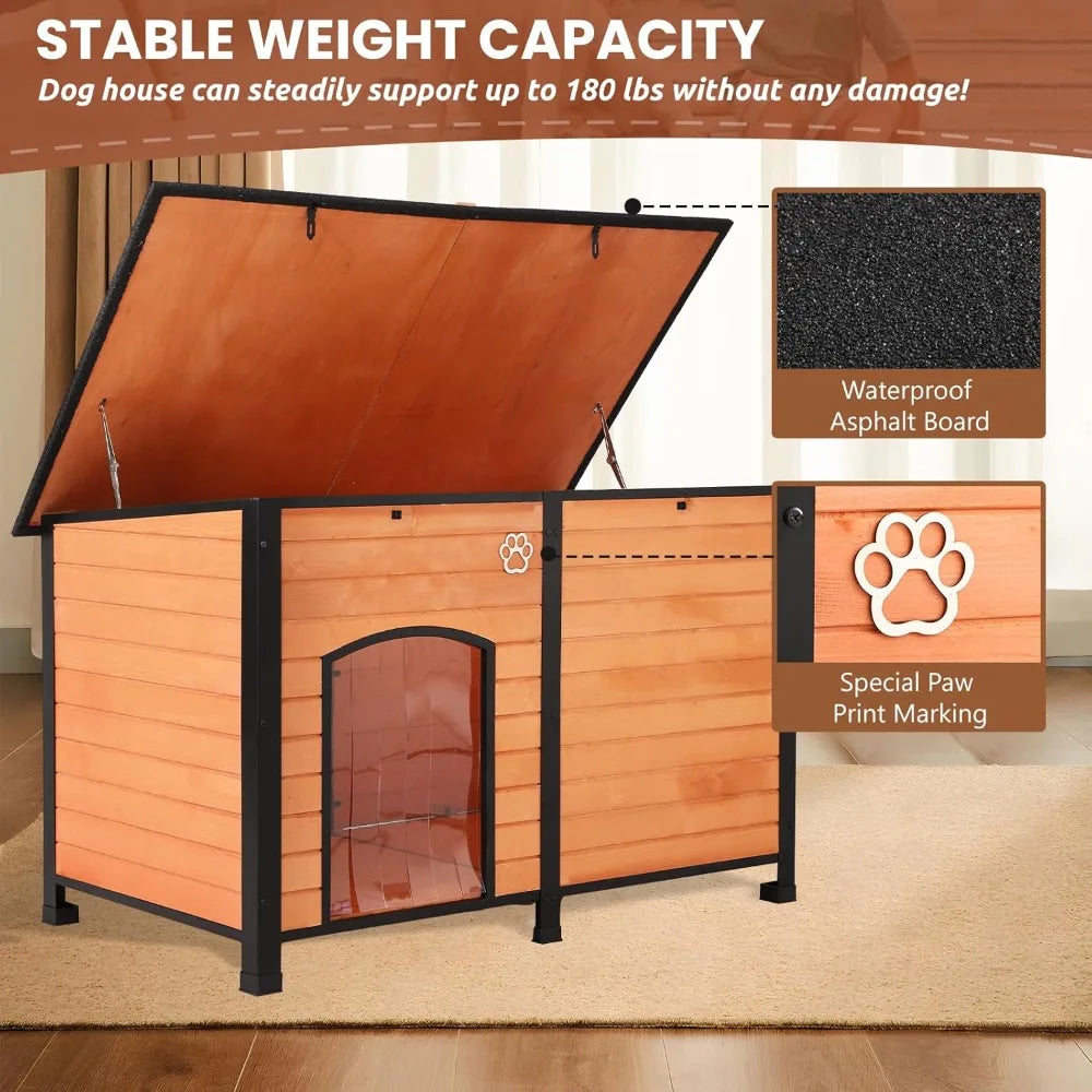 Outdoor Dog House, 55” Extra Large Wooden Dog House with Anti Bite Iron Frame Weatherproof Finish Outside Paw Print Dog House fo
