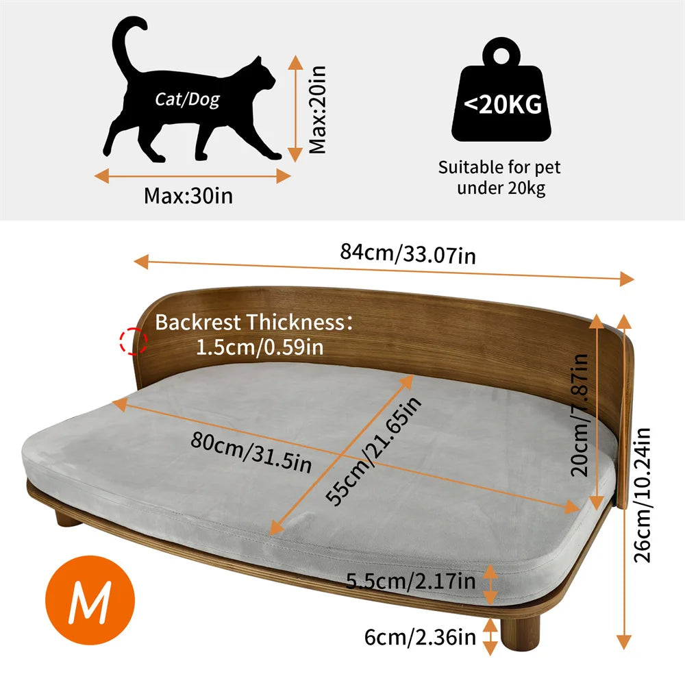 Elevated Dog Bed Pet Kitten Cat Sofa Bed for Small Dogs with Solid Wood Legs and Bent Wood Backrest Removable Washable Cover
