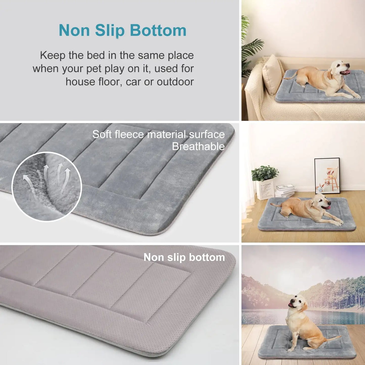 47" Dog Bed Washable Kennel Pad Anti Slip Pet Crate Mat Light Grey