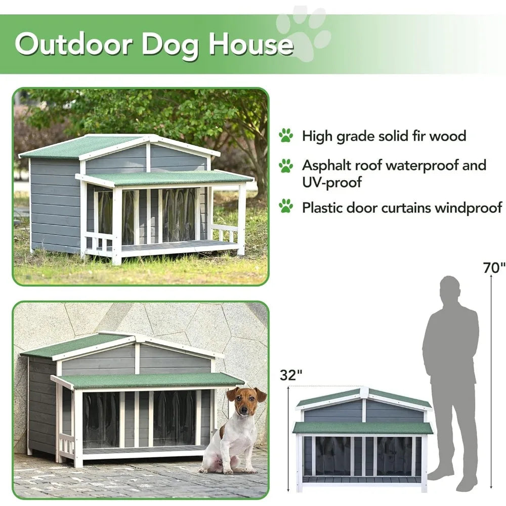 47.2'' Large Wooden Dog House Outdoor, Outdoor & Indoor Dog Crate, Cabin Style, with Porch, 2 Doors, Gray and Green