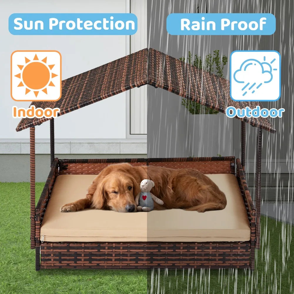 Elevated Rattan Dog Bed with Canopy and Washable Cushion Cover,for Small Medium Dogs Cats, Indoor Outdoor Raised Pet House