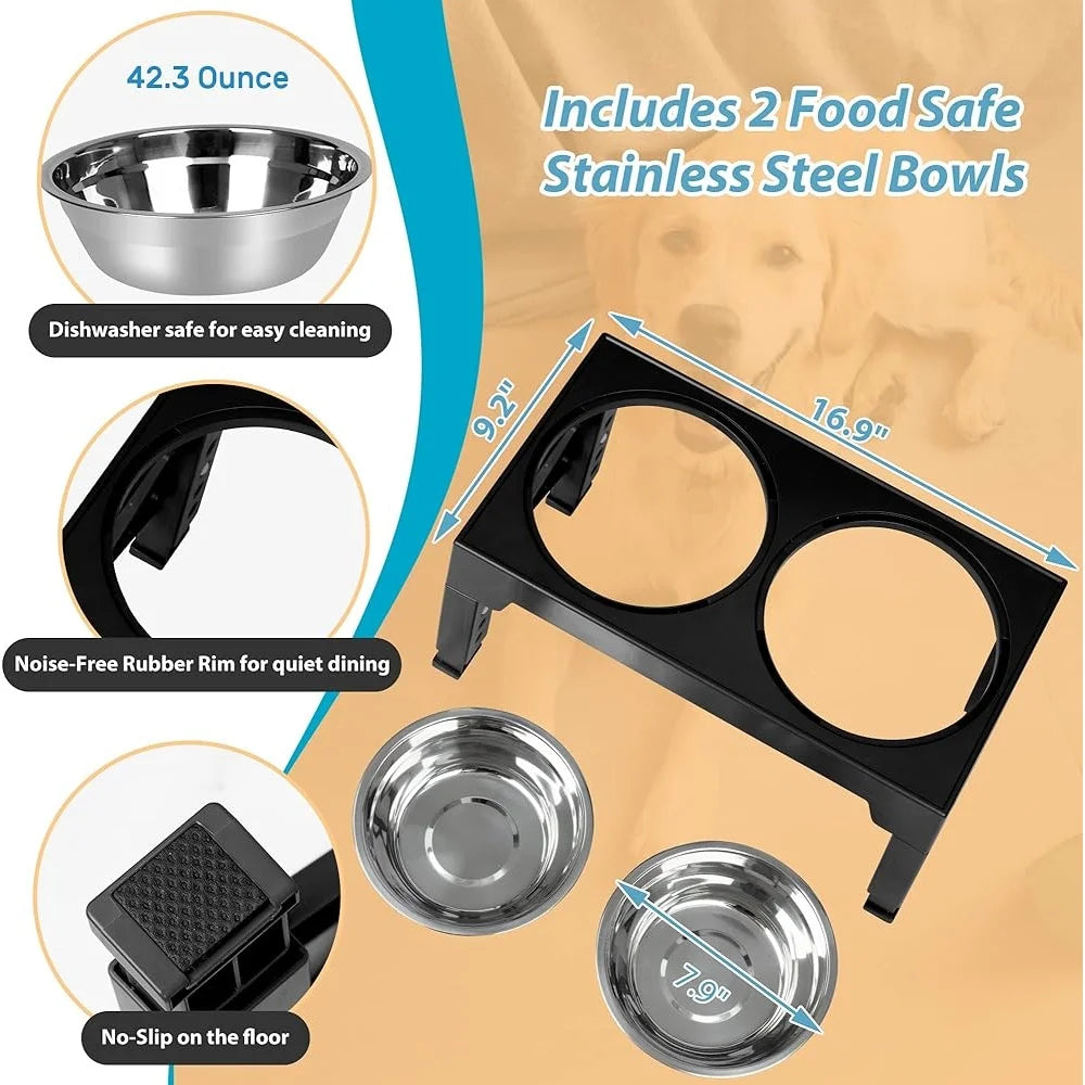 Elevated Dog Bowls with Adjustable Stand 5 Heights Includes 2 Stainless Steel Bowls Anti-slip Easy Clean Feeding Station