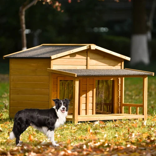 48" Wooden Dog House Outdoor with Porch, Dog Kennel with Water-Resistant Asphalt Roof and Fencing,Indoor & Outdoor Dog Crate