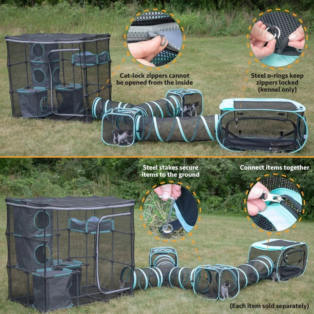 Outdoor Cat Catio Play Kit Expandable Mesh Enclosure with Cubby Hideaways and Zip Door Access Multiple Cats