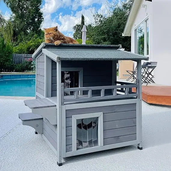 2 Story Cat House with Large Balcony, Indoor Cat Condo Outdoor Cat Shelter, Wooden Kitty Home with PVC Door Strip