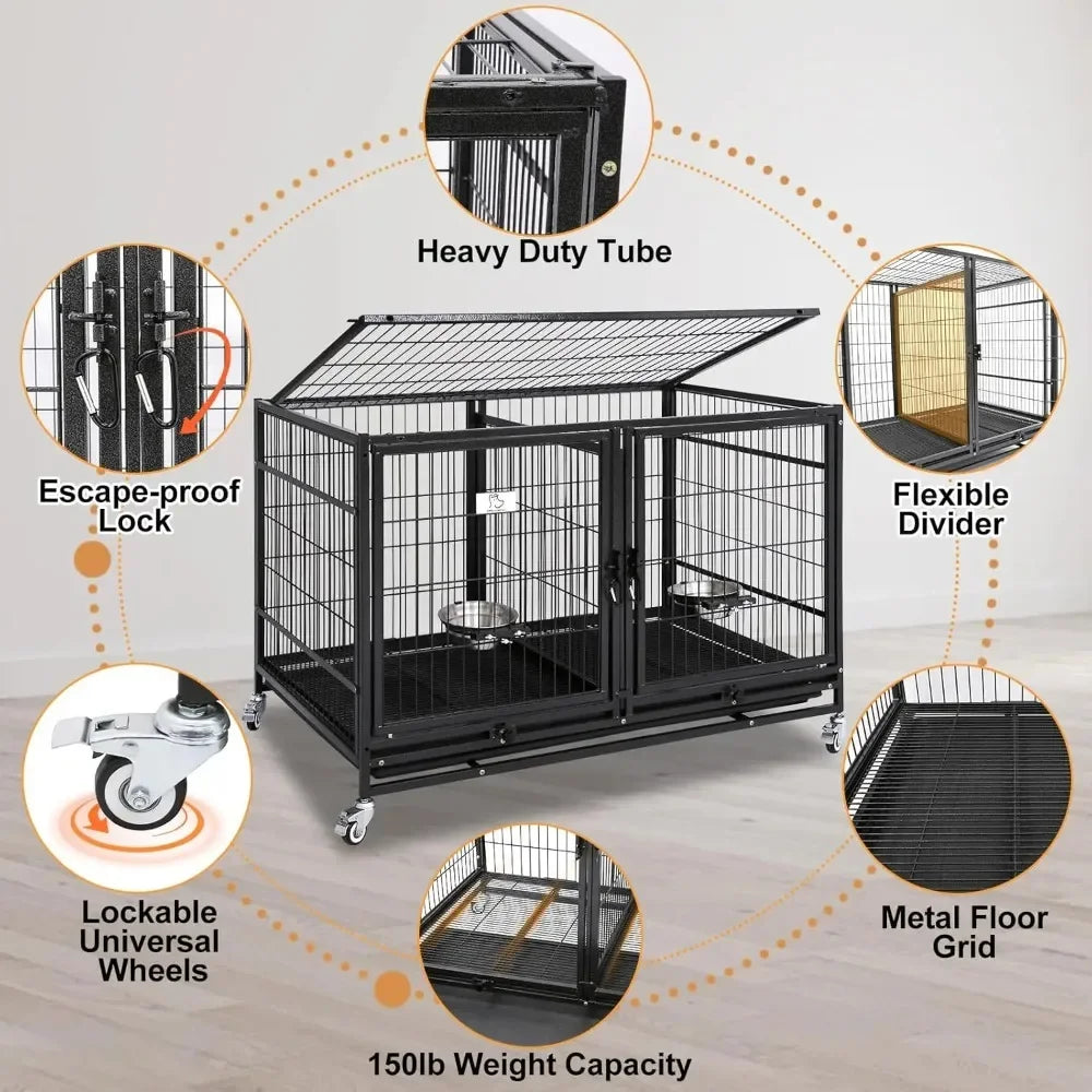 43 Inch Metal Open Top Stackable Heavy Duty Dog Cage Kennel with Three Door, Metal Floor Grid, Tray, Wheels, Divider and Feeding