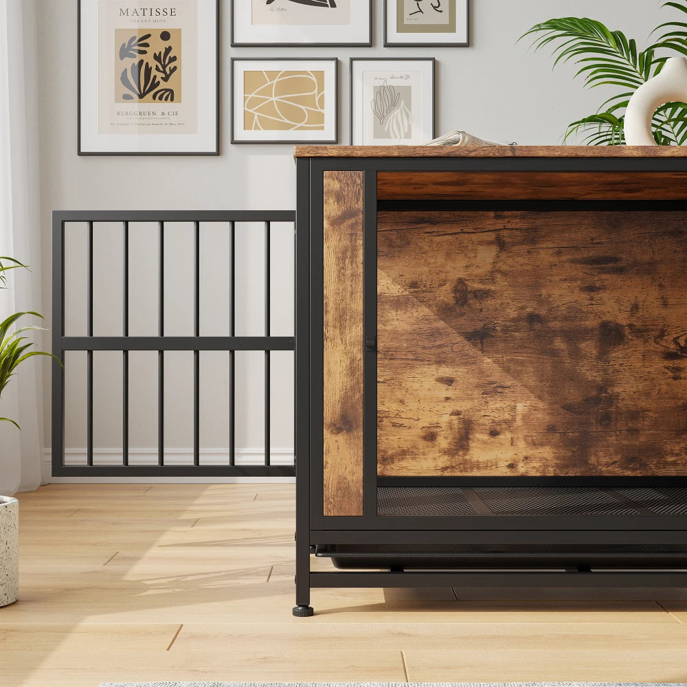 Dog Crate Furniture, Wooden Dog Crate Table, 32.8" Dog Kennel with 2 Sliding Doors and Thick Iron Door Frame, Decorative Pet