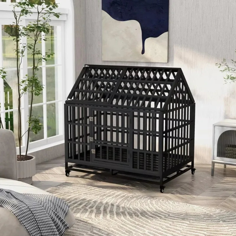 Heavy Duty Dog Cage with Roof Rust-Resistant Steel Locking Casters Feeding Door Ideal for Medium & Large Dogs Dog House Kennel