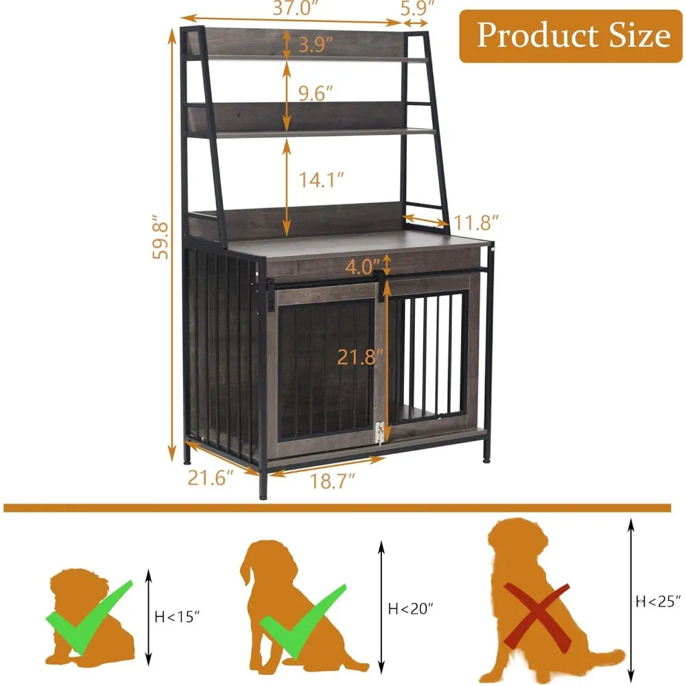 Dog Crate Indoor Furniture with Storage Shelves, 37 inch Wooden Dog Kennel with Double Sliding Doors, Heavy Duty Dog Cage