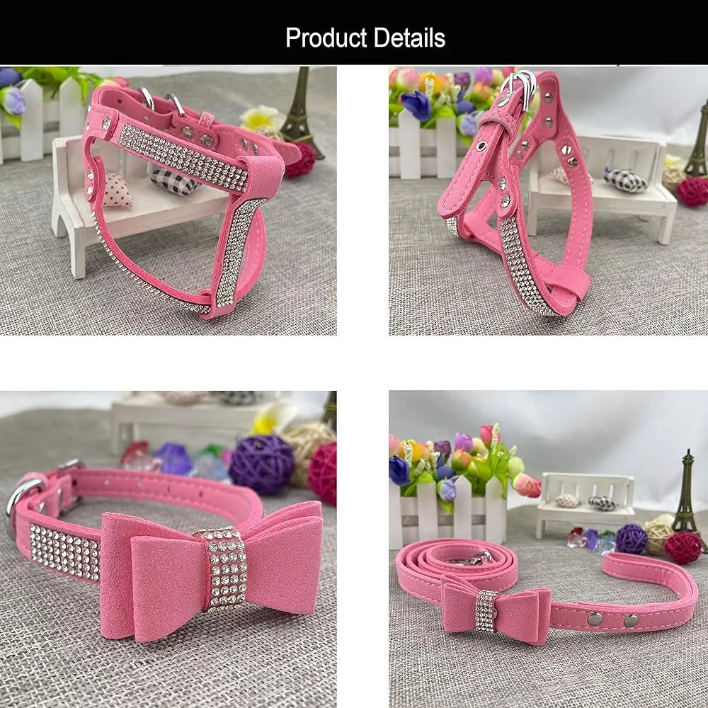 Diamante Bowtie Dog Collar Harness Leash Set Soft Comfortable XS Microfiber Puppy Pet Supplies Gear