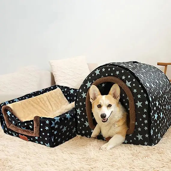 2 in 1 Extra Large Pet Winter House Convertible to Bed with Warm Cushion Mat, 2 Way Indoor Outdoor Warm Dog House Bed, Removable