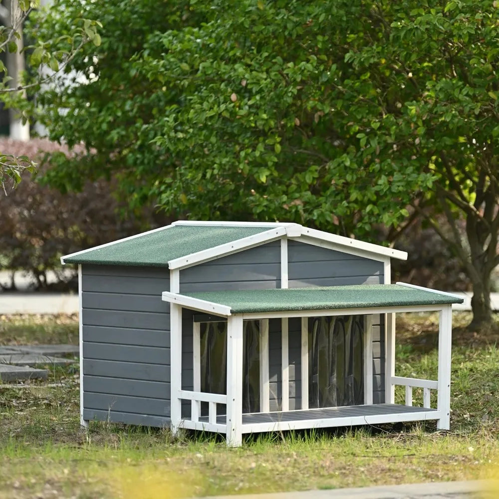 47.2'' Large Wooden Dog House Outdoor, Outdoor & Indoor Dog Crate, Cabin Style, with Porch, 2 Doors, Gray and Green