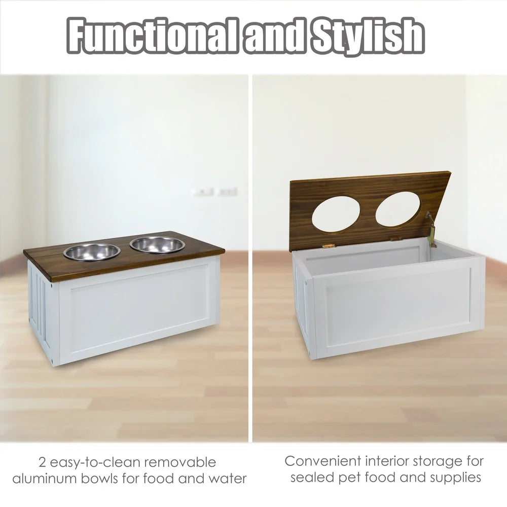 Solid Wood Double Bowl Pet Feeder Stand with Storage Box Removable Aluminum Bowls Easy Clean Assembly Medium Large Dogs