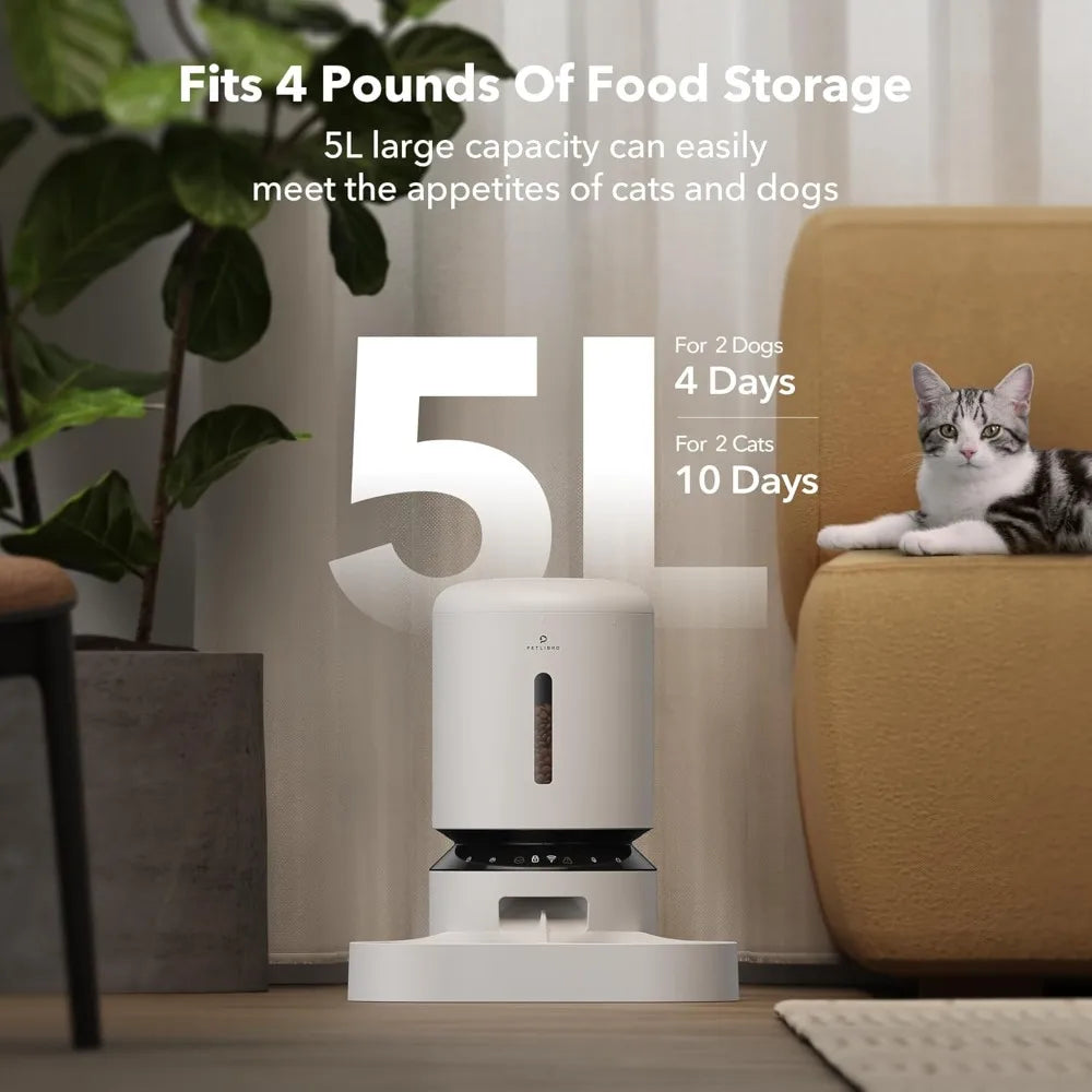 Automatic Cat Feeder, 5G WiFi Pet Feeder for Two Cats or Dogs with Remote Control, 5L Cat Food Dispenser with Low Food Sensor