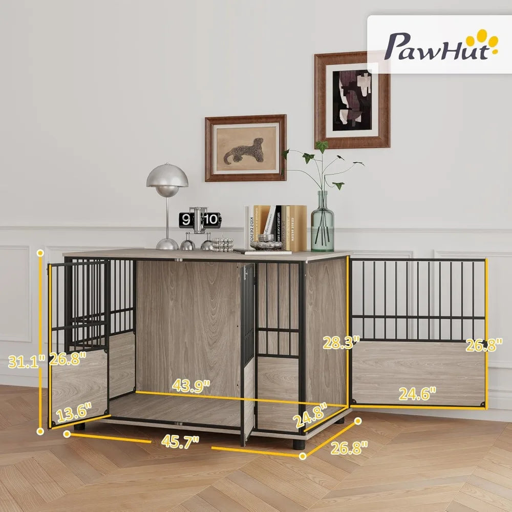 Dog Crate Furniture, 46" Wooden Dog Kennel Furniture, Dog Crate Table with Double Doors for Small To Large, Walnut Wood Finish