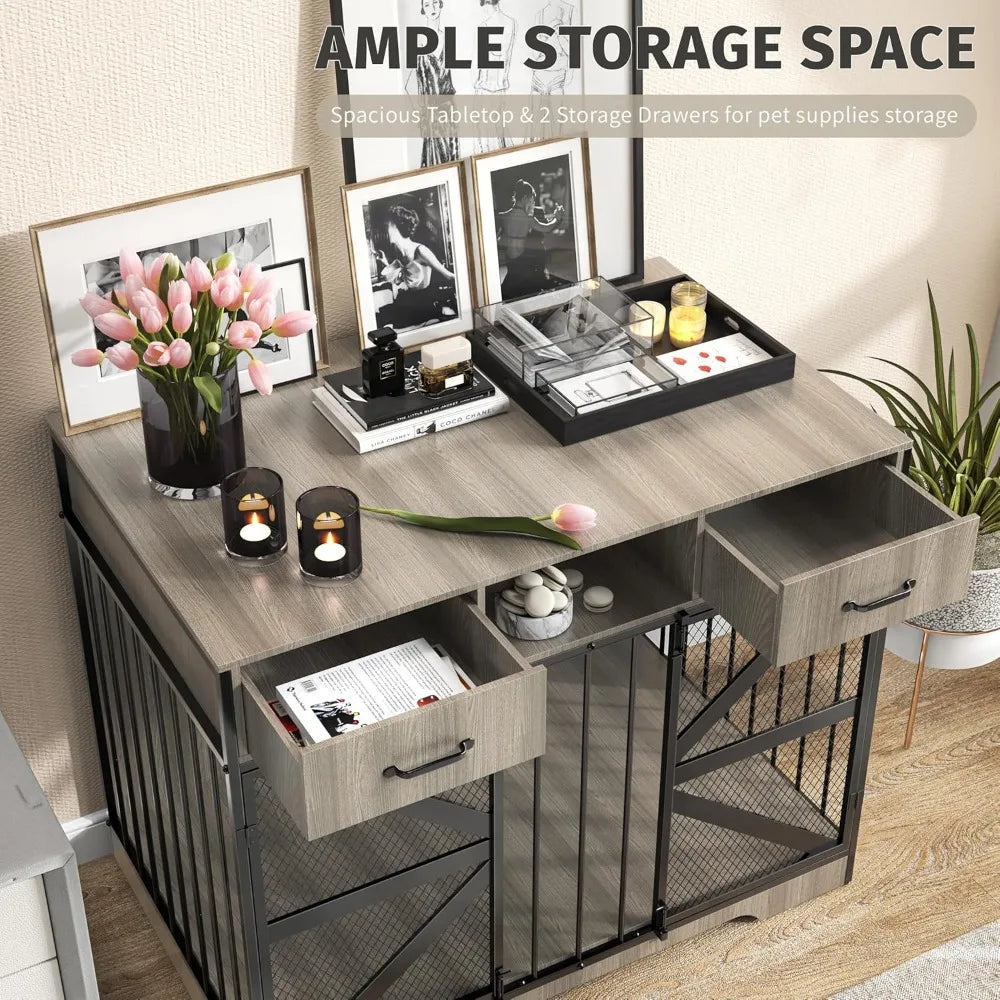 Dog Crate Furniture, Dog Kennel Furniture for Large Dogs Indoor, Heavy Duty Wooden Dog Crate TV Stand with 2 Drawers, 44" Metal