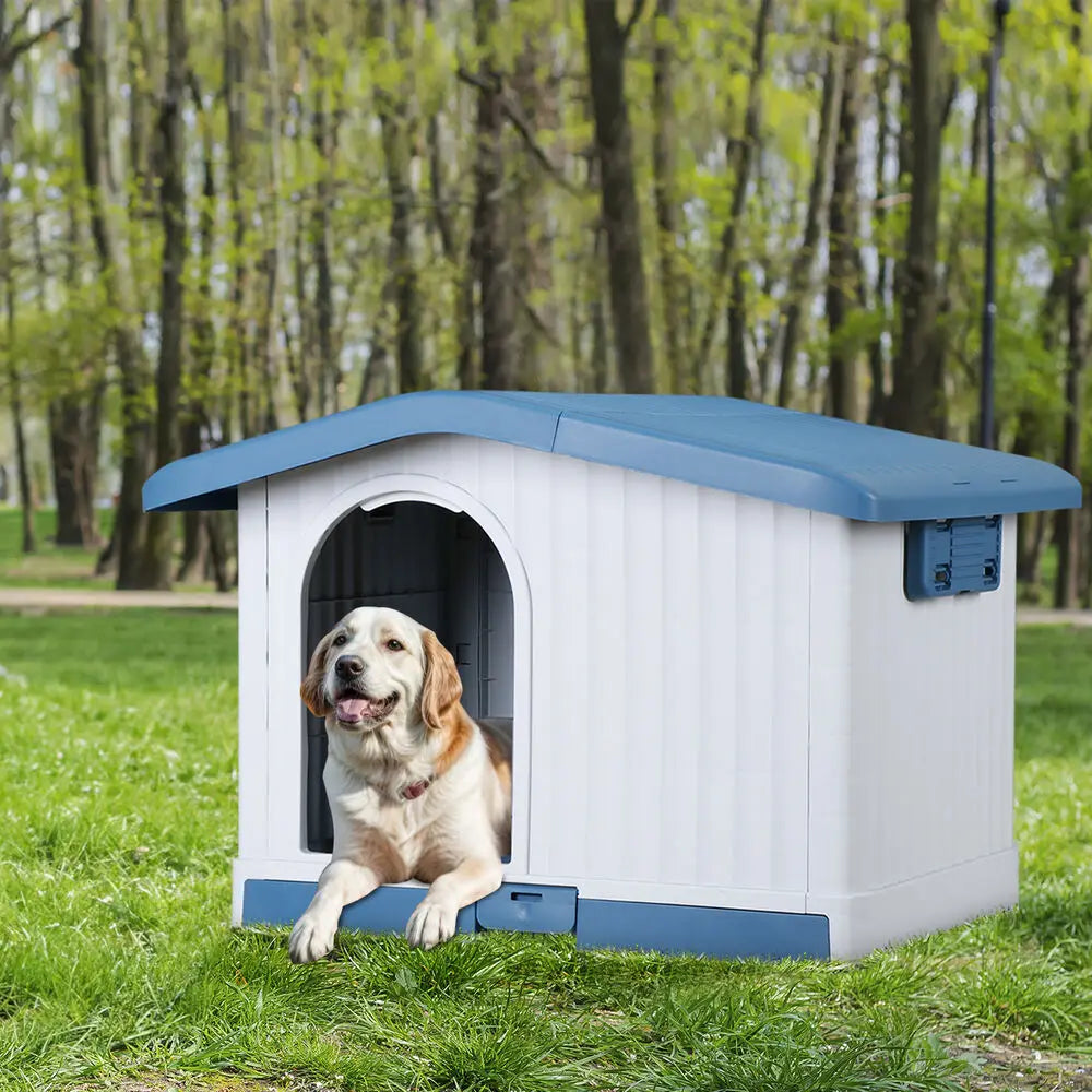 Large Plastic Dog House Puppy Shelter with Liftable Roof & Detachable Base Blue