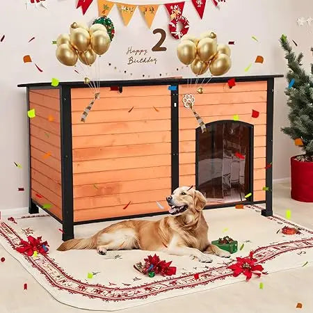 Outdoor Dog House, 55” Extra Large Wooden Dog House with Anti Bite Iron Frame Weatherproof Finish Outside Paw Print Dog House fo