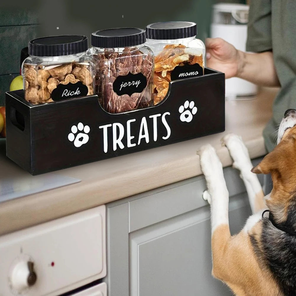 Wooden Pet Snack Storage Box with 3 Plastic Treat Jar Dog Treat Container Airtight Dog Treat Bin for Pet Gift Supply Accessories