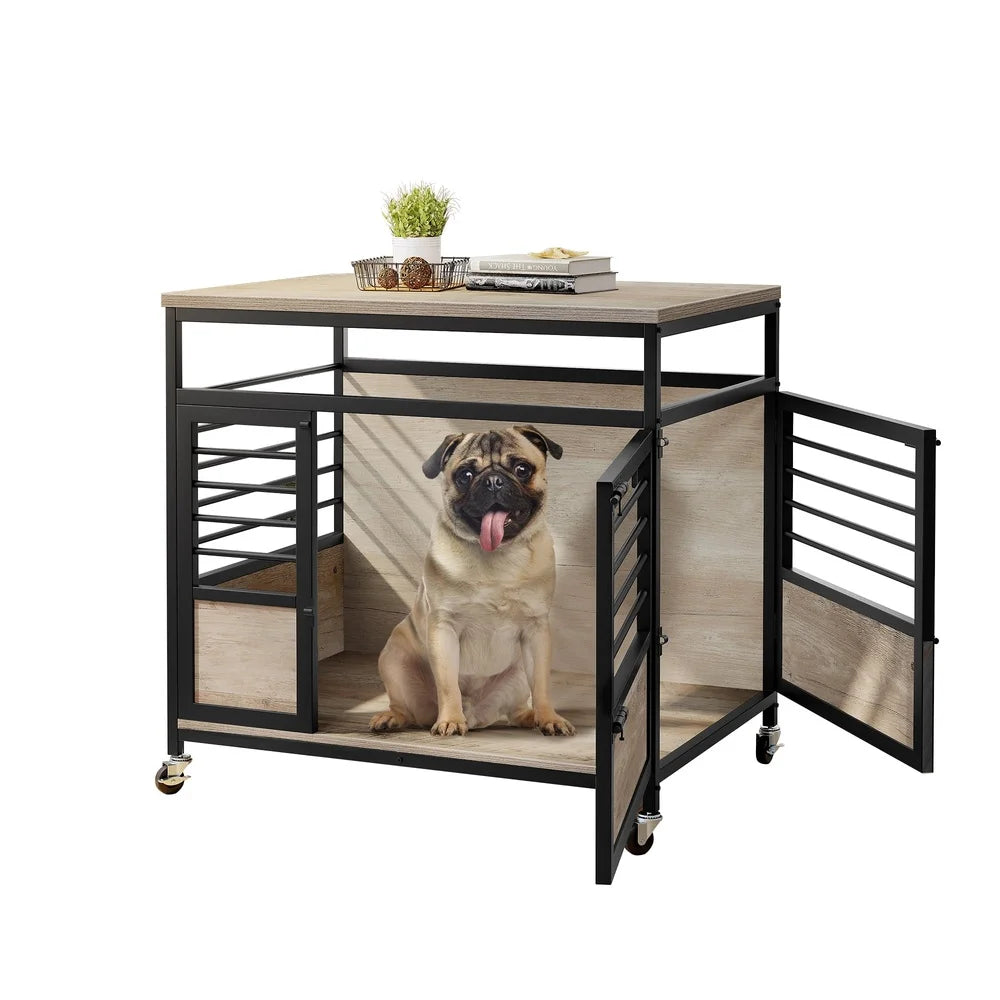 Large Wooden Dog Crate Furniture Two Door Heavy Duty Dog Kennel with Wheels Indoor Portable Pet House