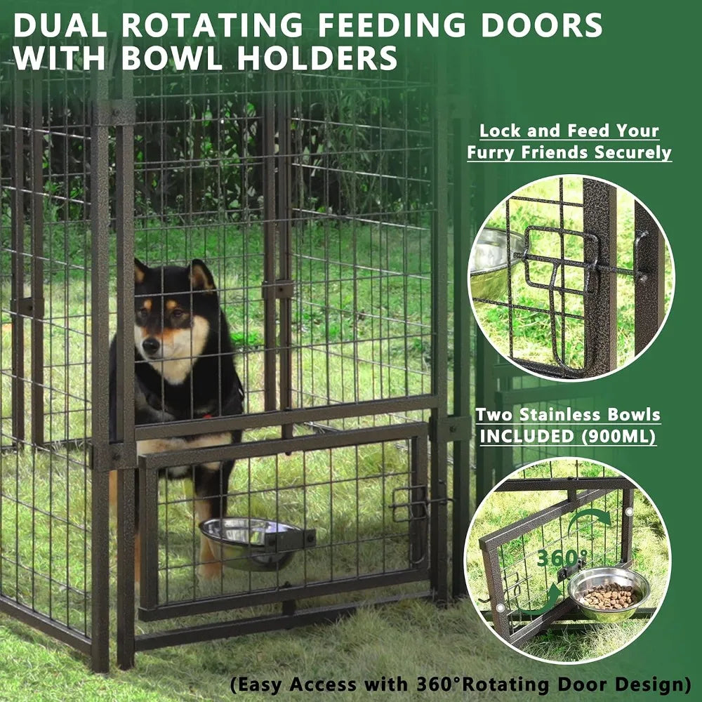 Dog Kennel Outdoor Indoor with Roof and Rotating Feeding Doors, Large Dog Enclosure Dog Playpen House Heavy Duty with Canopy, D