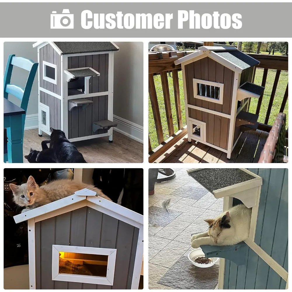 Outdoor Cat Shelter Weatherproof, Two Story Wooden Outside Feral Cat House with Openable Roof, Escape Door