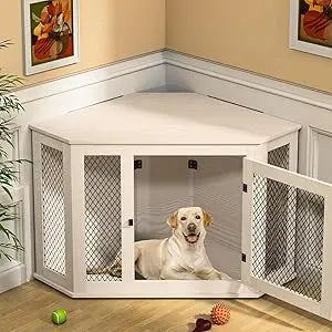 Corner Dog Crate Furniture, 52" Wooden Dog Kennel Furniture End Table with Mesh, Dog Kennel Indoor Furniture for Small Medium La