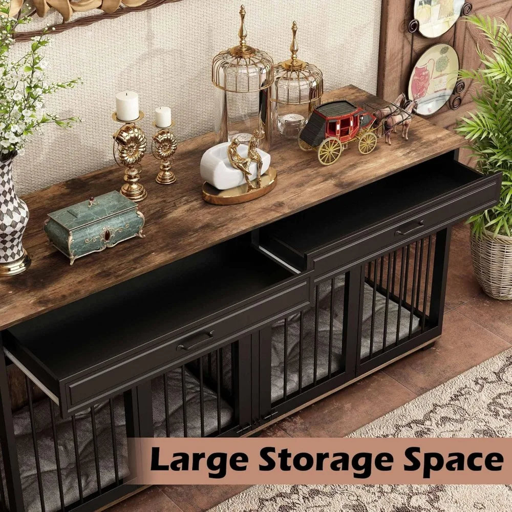 Large Dog Crate Furniture for 2 Dogs, 72.5" Indoor Heavy Duty Wooden Large Dog Kennel with Drawers & Divider, Indoor Furniture