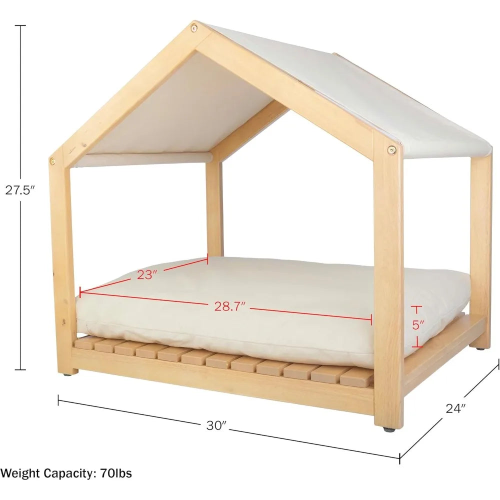 Dog House - 30x24-Inch Indoor Dog House with Soft Cushion and Adjustable Canopy - Wood Dog Furniture for Small to Medium Pets up