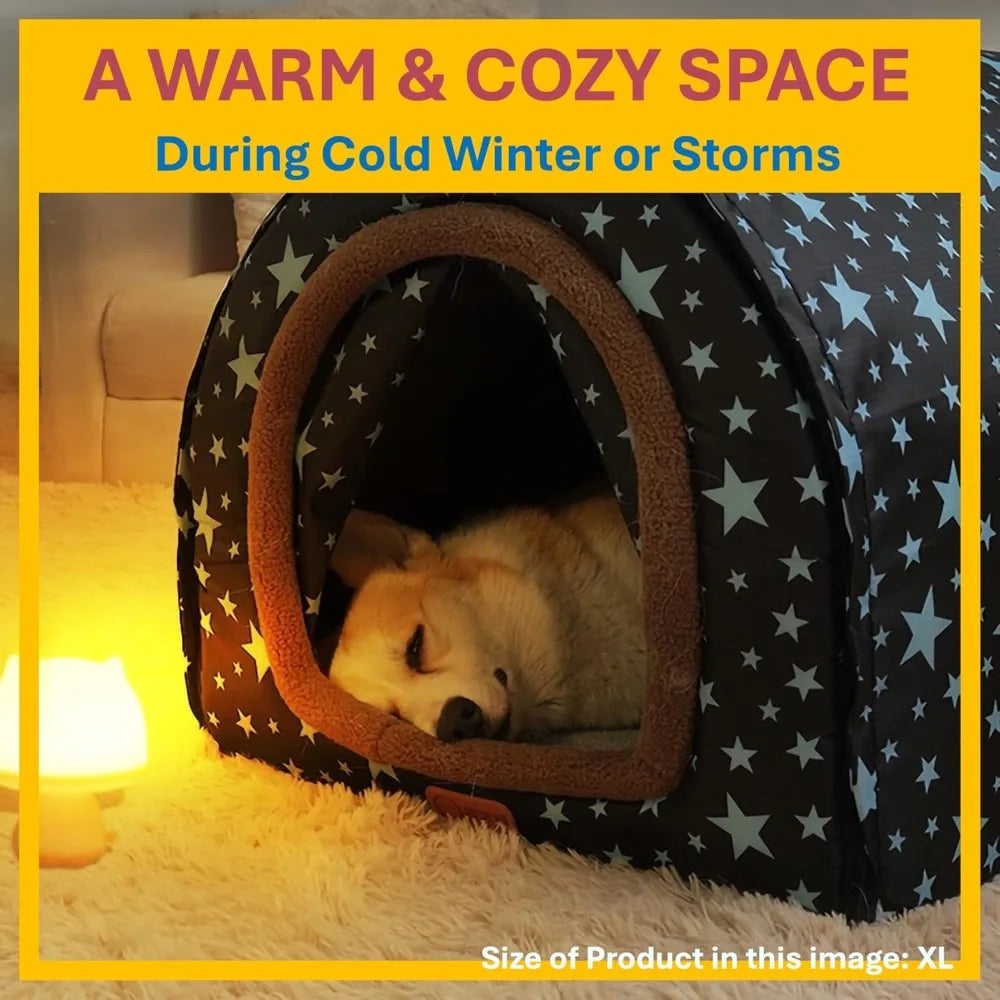 2 in 1 Extra Large Pet Winter House Convertible to Bed with Warm Cushion Mat, 2 Way Indoor Outdoor Warm Dog House Bed, Removable