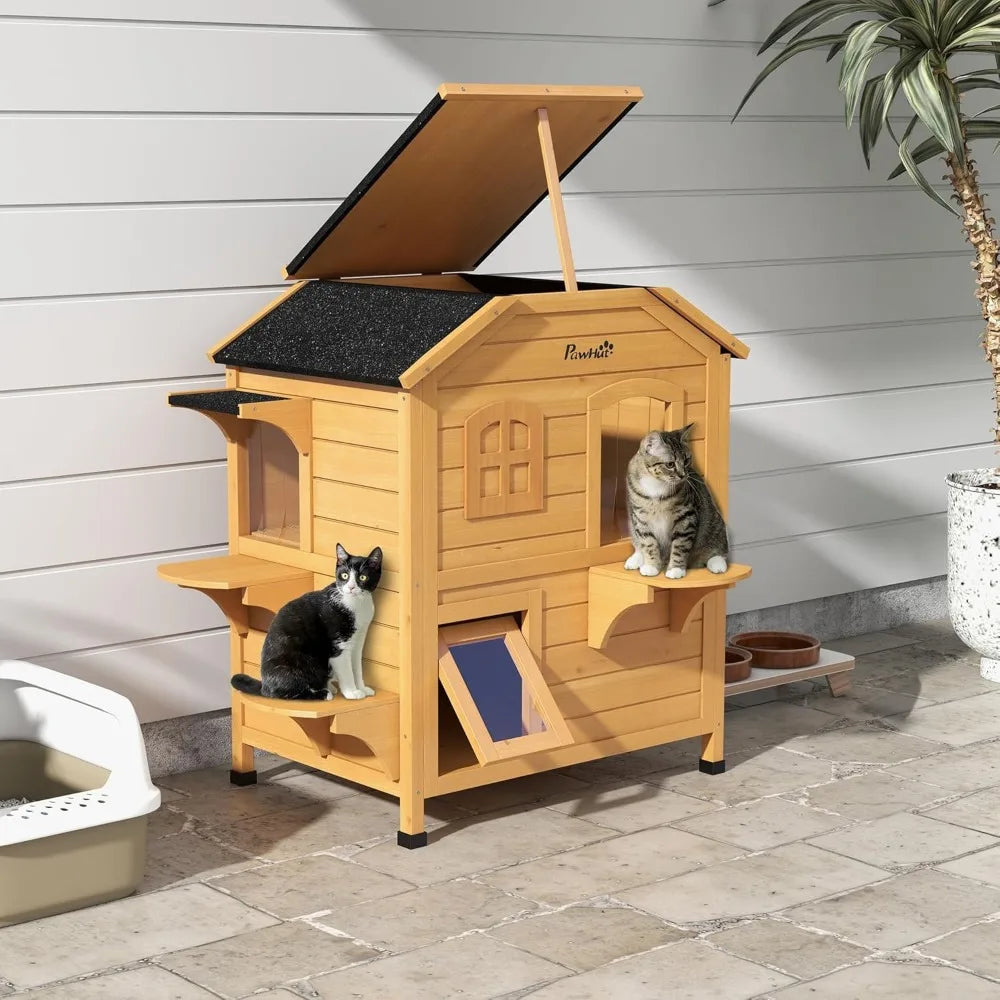 2-Story Cat House Outdoor, Weatherproof Wooden Cat Enclosure for Feral Cats with Escape Door, Openable Roof, Jumping Platforms,