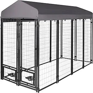 Dog Kennel Outdoor Indoor with Roof and Rotating Feeding Doors, Large Dog Enclosure Dog Playpen House Heavy Duty with Canopy, D