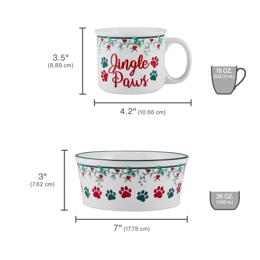 Winterberry Porcelain Mug and Pet Bowl Set 18oz Dogs Jingle Paws Accents Dishwasher Microwave Safe 2-Piece Holiday Gift