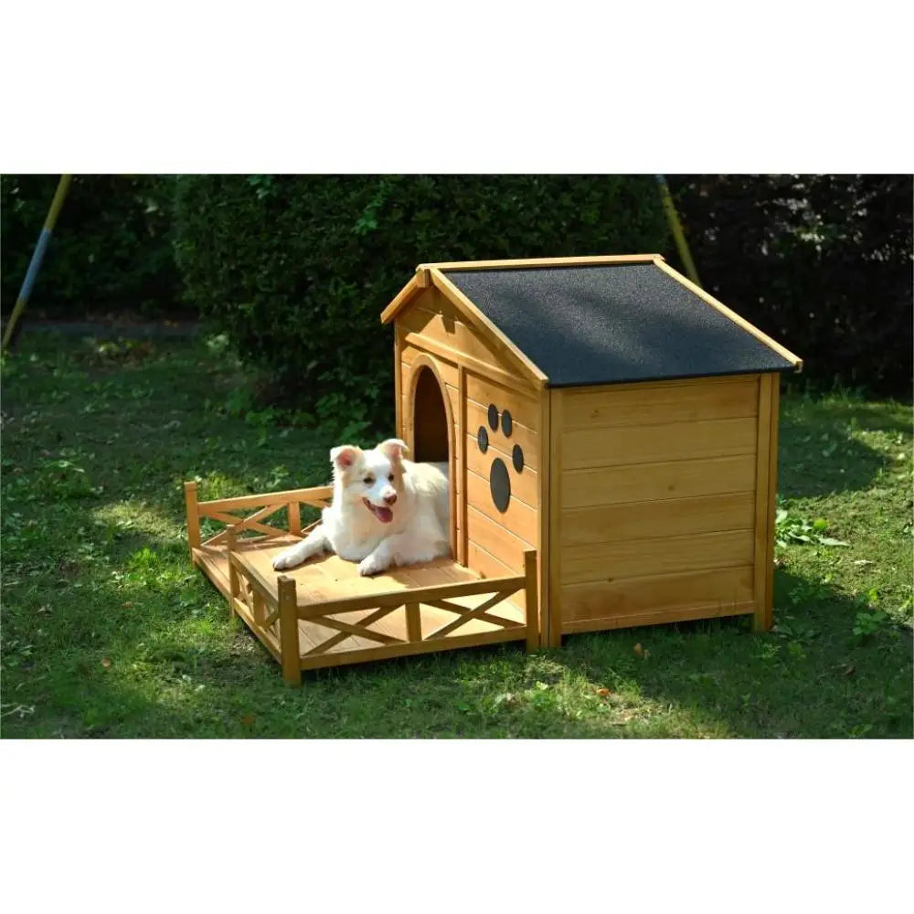 48" Wooden Dog House Outdoor with Porch, Dog Kennel with Water-Resistant Asphalt Roof and Fencing,Indoor & Outdoor Dog Crate