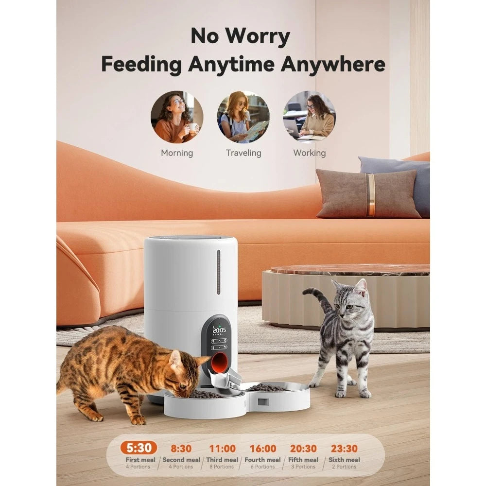 Dual Power Supply Auto Pet Feeder for Cats and Dogs ,Timed Cat Feeder with Stainless Steel Bowl, Programmable 1-6 Meals Control