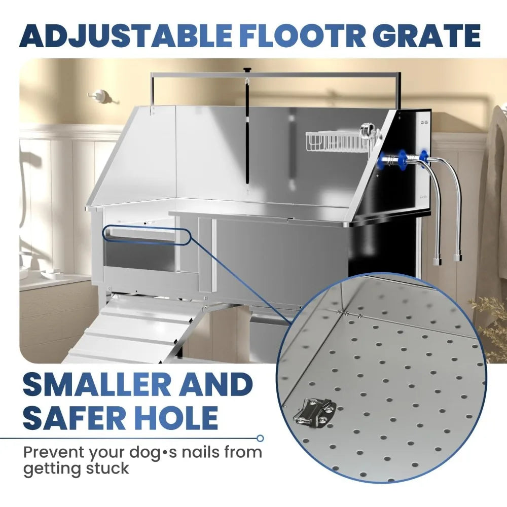 46" Dog Washing Station, Professional Stainless Steel Dog Bathtub w/Ramp & Storage Drawer, Adjustable Grate, Non-Slip Design, Pe
