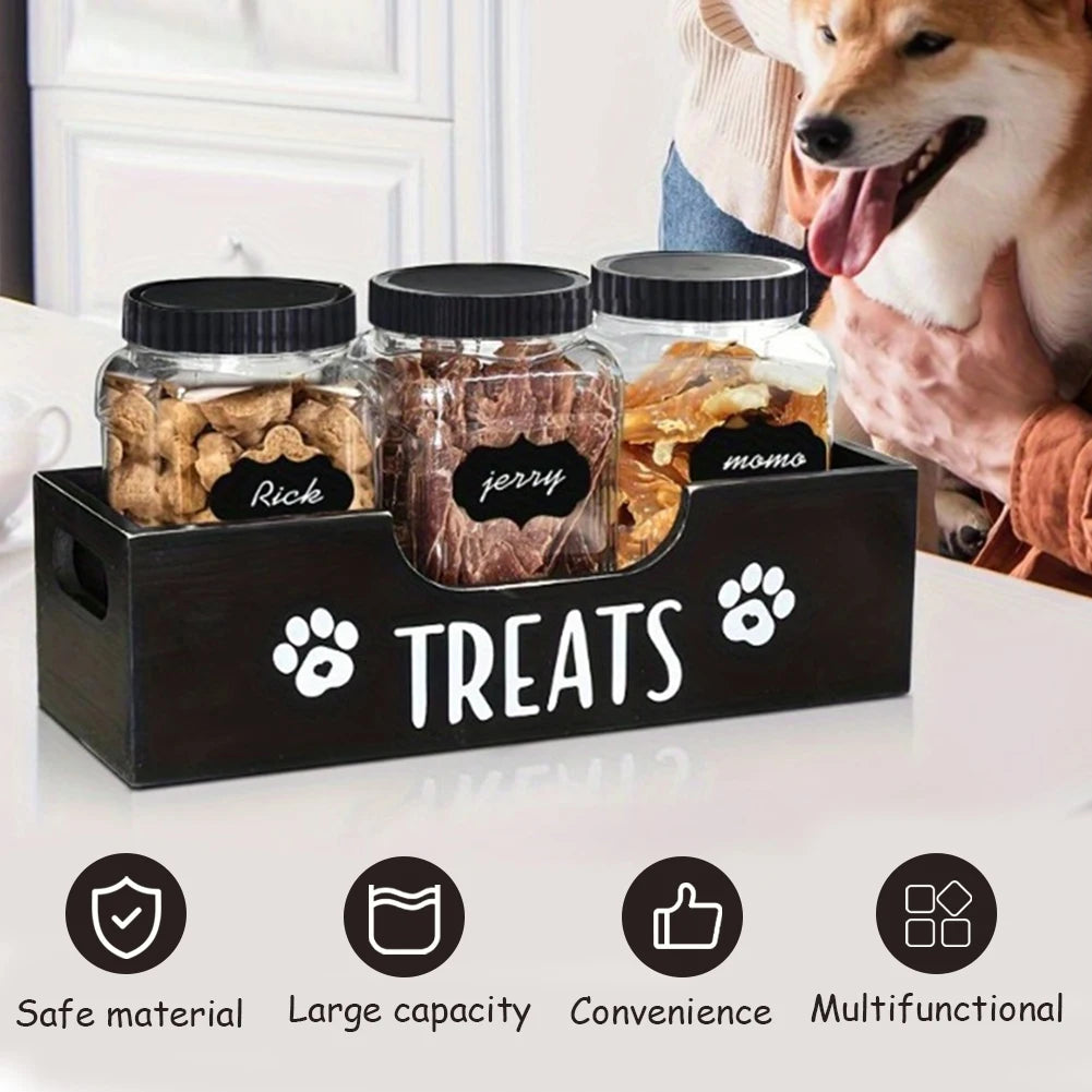 Wooden Pet Snack Storage Box with 3 Plastic Treat Jar Dog Treat Container Airtight Dog Treat Bin for Pet Gift Supply Accessories