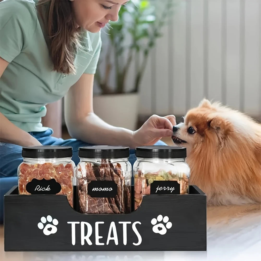 Wooden Pet Snack Storage Box with 3 Plastic Treat Jar Dog Treat Container Airtight Dog Treat Bin for Pet Gift Supply Accessories